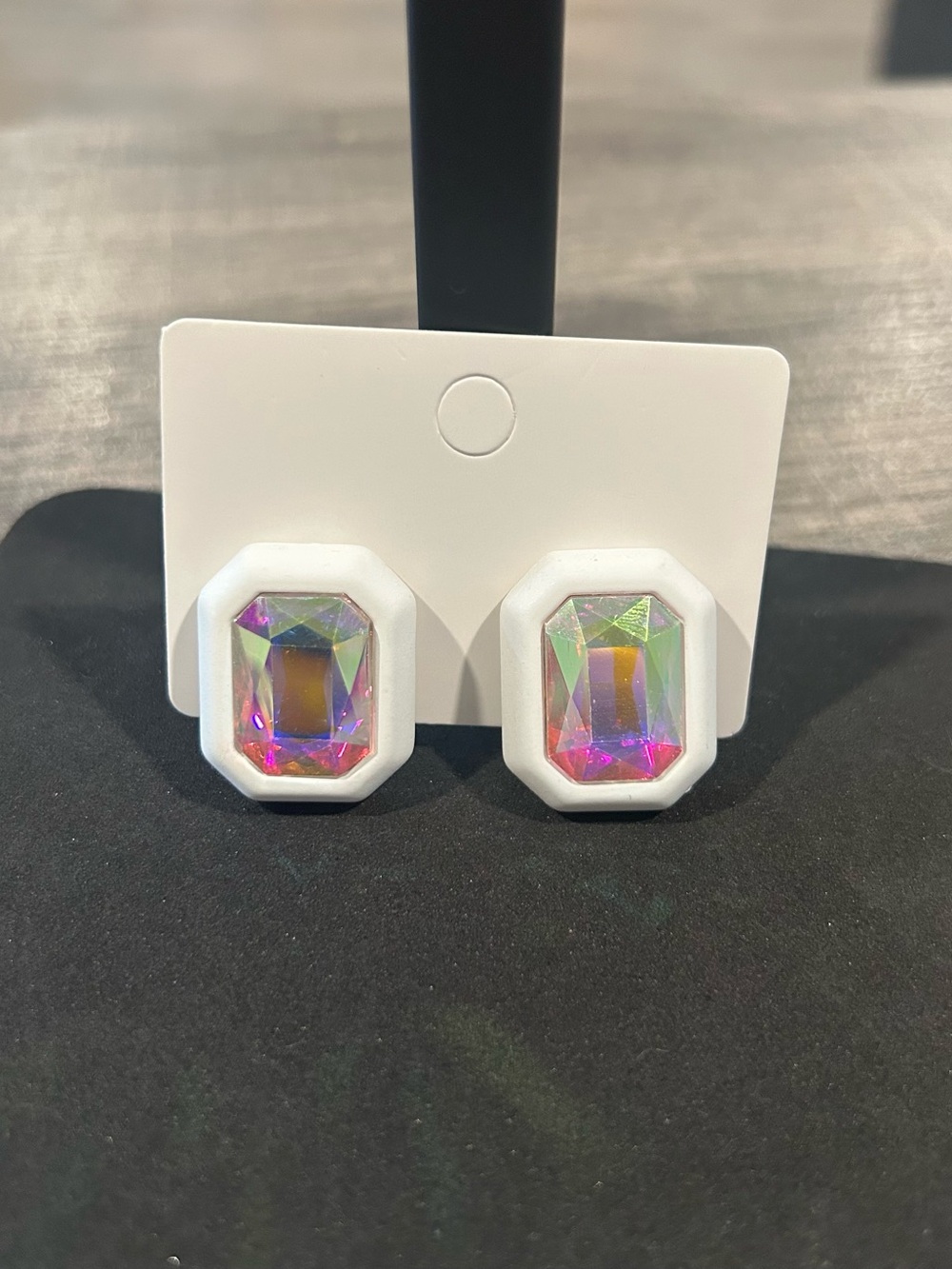 Iridescent Faceted Statement Stud Earrings - White Frame